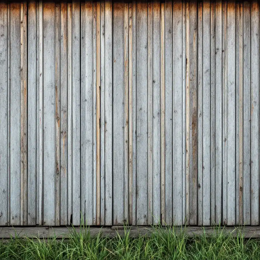 Weathered silver gray barn wall of narrow vertical boards and battens with long grass growing at its base