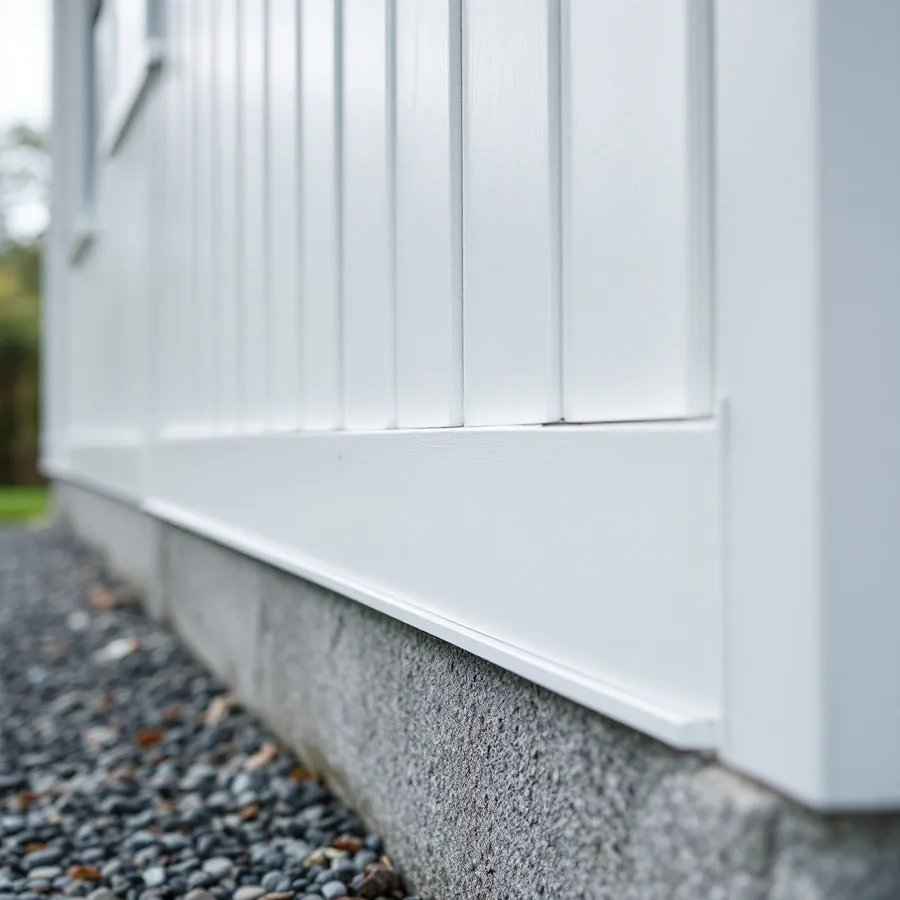 Bottom edge of a white board and batten wall ending in a straight trim line with a metal drip edge, a hand width above a gray concrete foundation and a strip of gravel