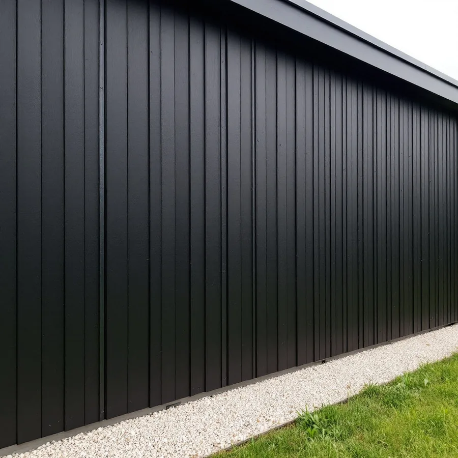 Long windowless wall of a modern house in matte black board and batten siding with evenly spaced raised battens, above a strip of pale gravel