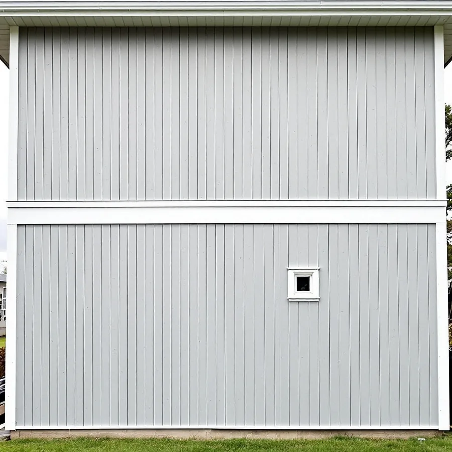 Two-story side wall of a house in light gray vertical board and batten with a white horizontal trim band at mid height and battens lined up above and below it