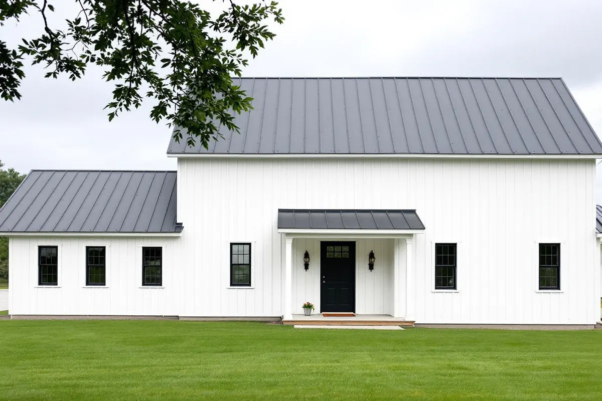 Long white farmhouse with a lower wing, clad from foundation to eaves in vertical board and batten siding, under a dark gray standing seam metal roof, with black framed windows, a black front door under a small porch roof and a mown lawn in front