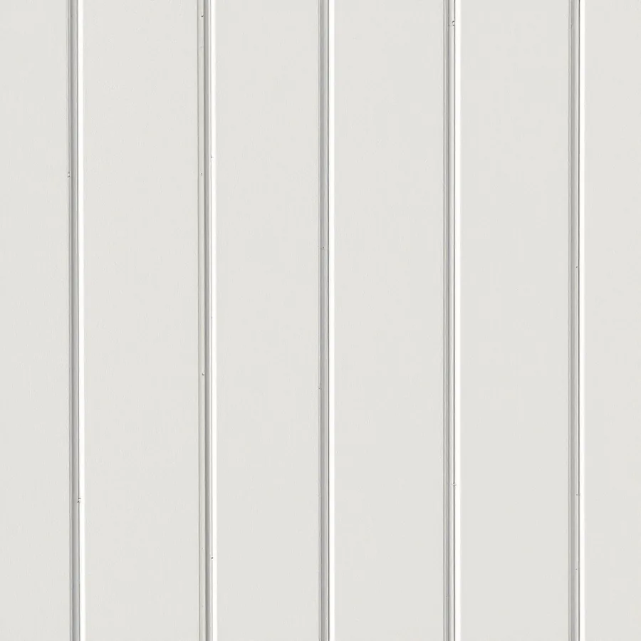 Cream white vinyl wall with wide flat vertical faces and a narrow raised rib between each pair, lit softly from the side