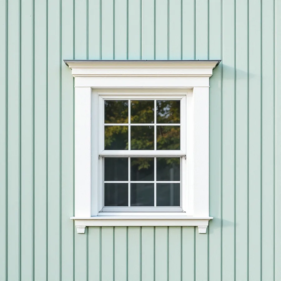 White trimmed double-hung window in a pale sage green board and batten wall, battens spaced evenly either side and a metal drip cap over the head trim