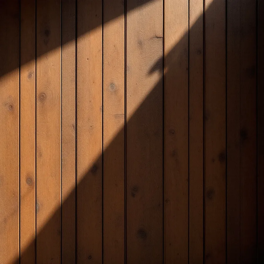 Wall of brown stained vertical wood boards with knots, a diagonal band of sunlight crossing it and a dark line at every joint