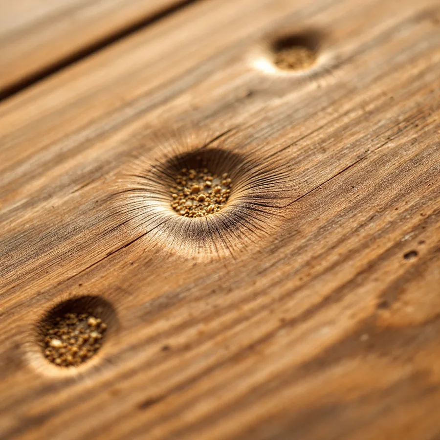 Stained cedar board with three round dents where the wood fibers are crushed
