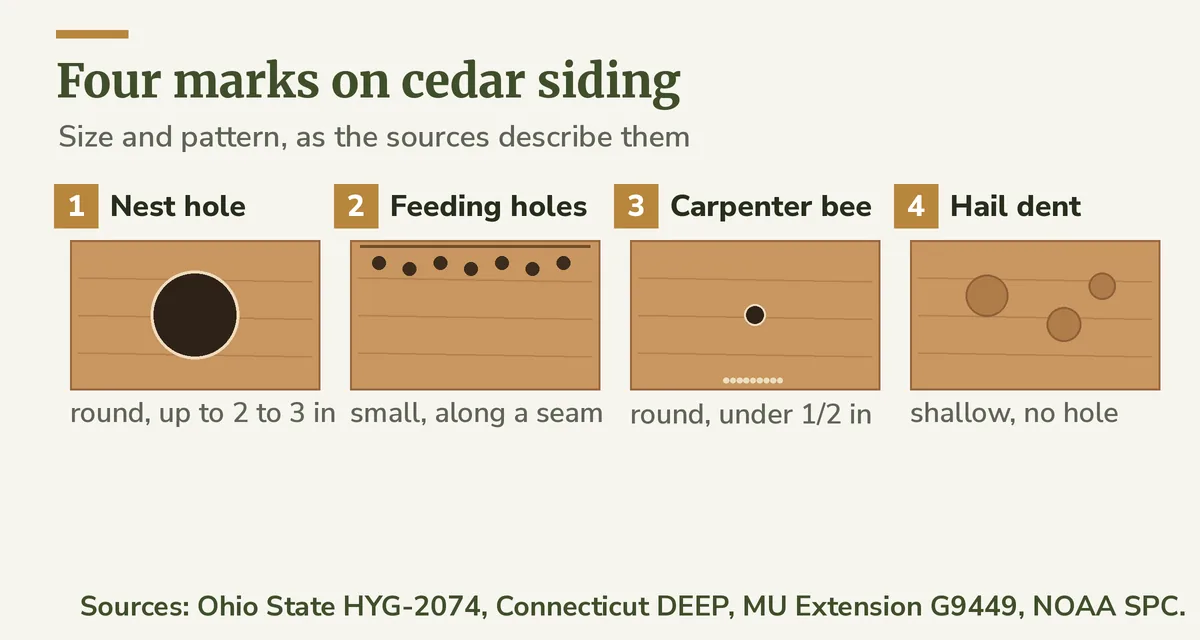Diagram comparing four marks on cedar siding: a large round woodpecker nest hole, a line of small feeding holes along a seam, a half-inch carpenter bee entrance and a hail dent