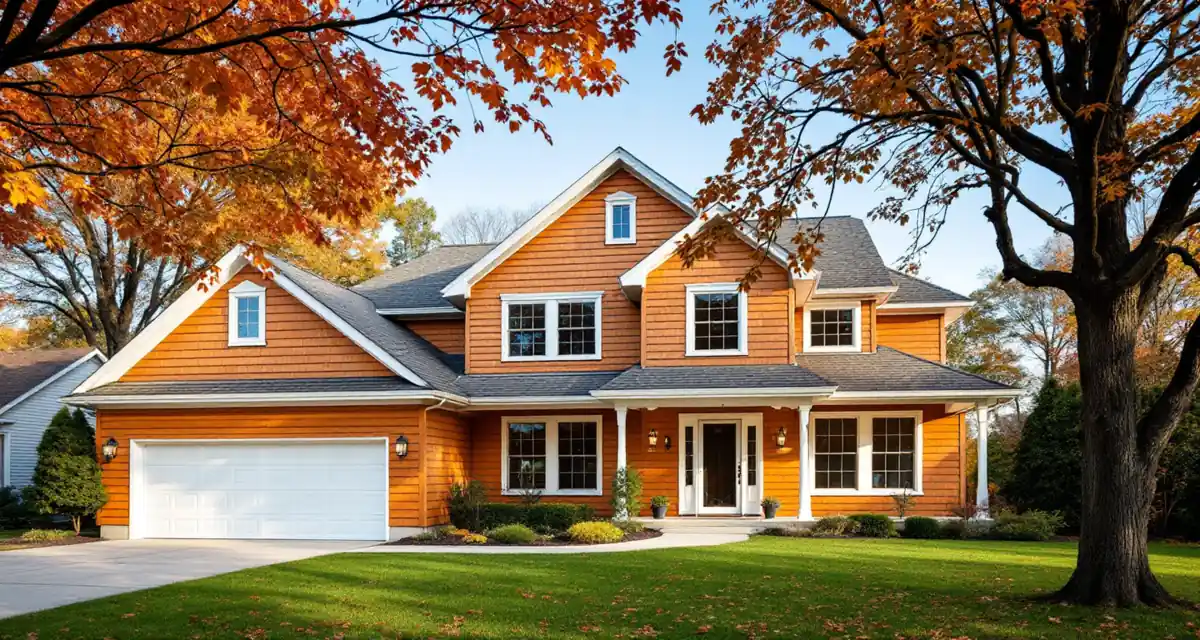 Two-story suburban house clad in orange-brown stained cedar lap siding with white trim, trees in autumn color around the lawn