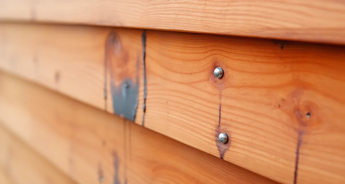 Unfinished reddish cedar lap siding with dark streaks running down from steel nail heads