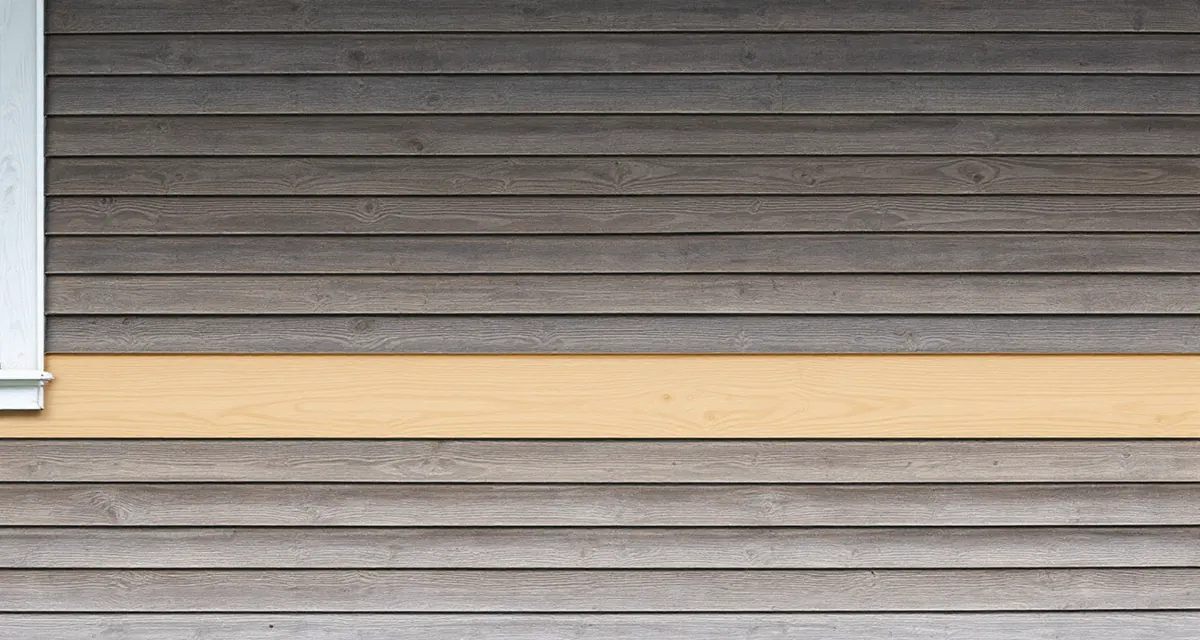 Weathered gray cedar lap siding with one full course of new, pale unweathered cedar fitted in