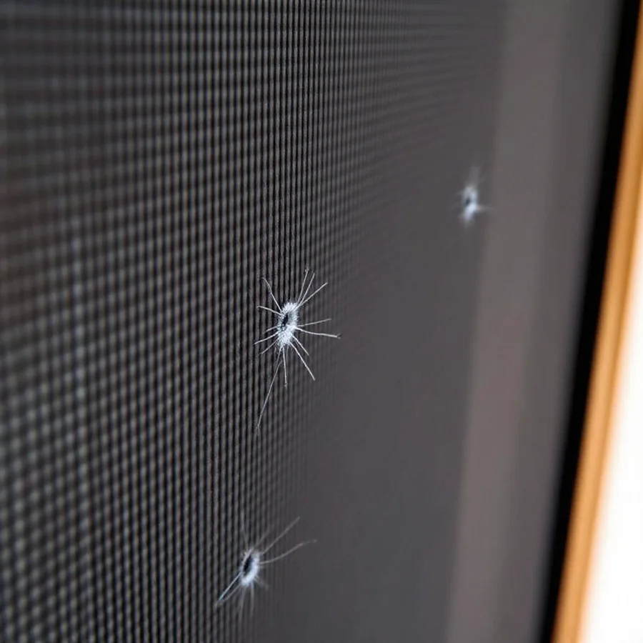 Dark window screen mesh with three small ragged holes punched through it