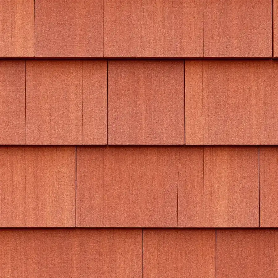 Rough-textured cedar shingles under a reddish semitransparent stain with the grain showing through