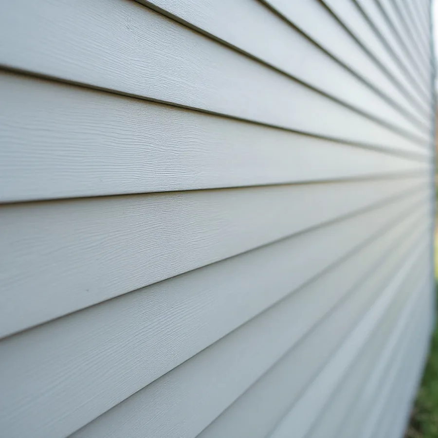 Looking along a wall of gray lap siding, the thin bottom edges of the planks stepping out one above another