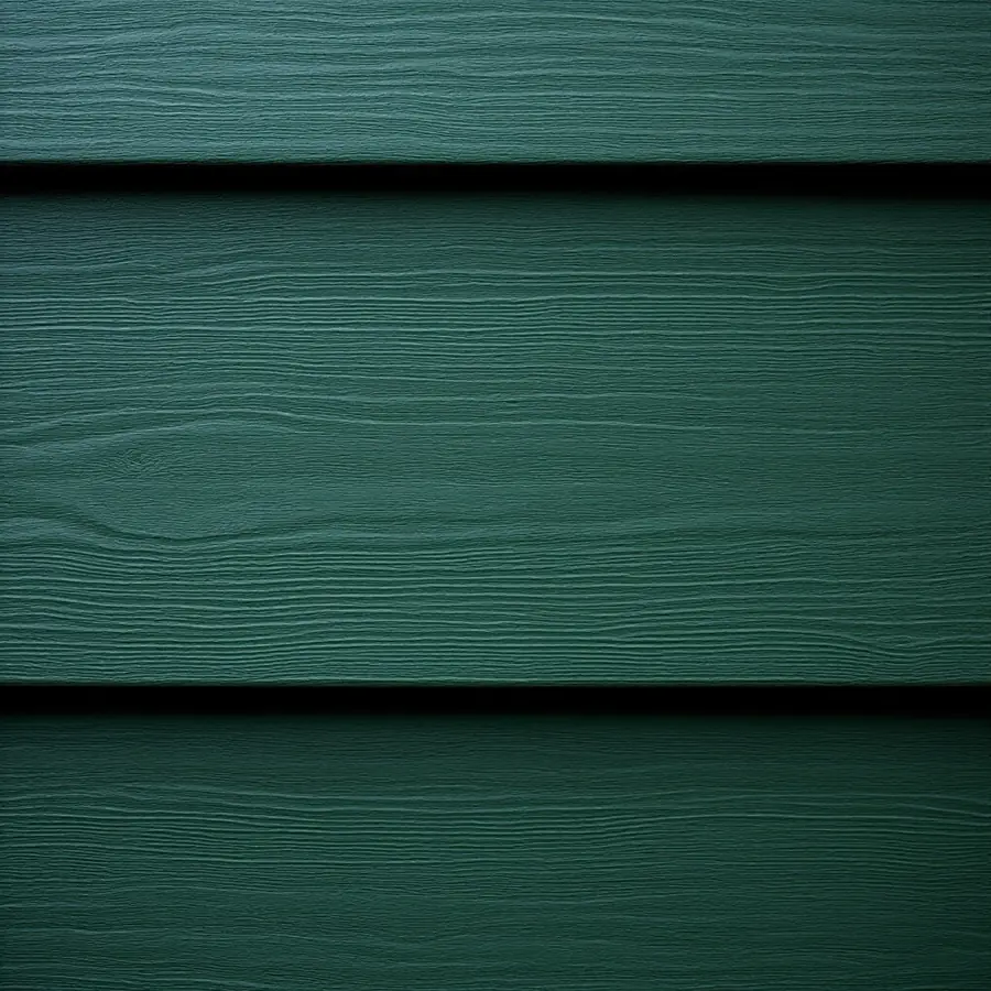 Dark green siding plank with a deep embossed wood grain, two courses overlapping