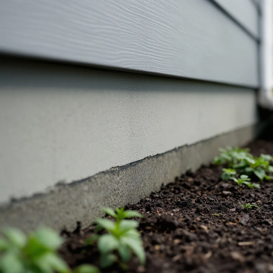 Bottom course of gray lap siding above a gray foundation, with dark soil and small plants below
