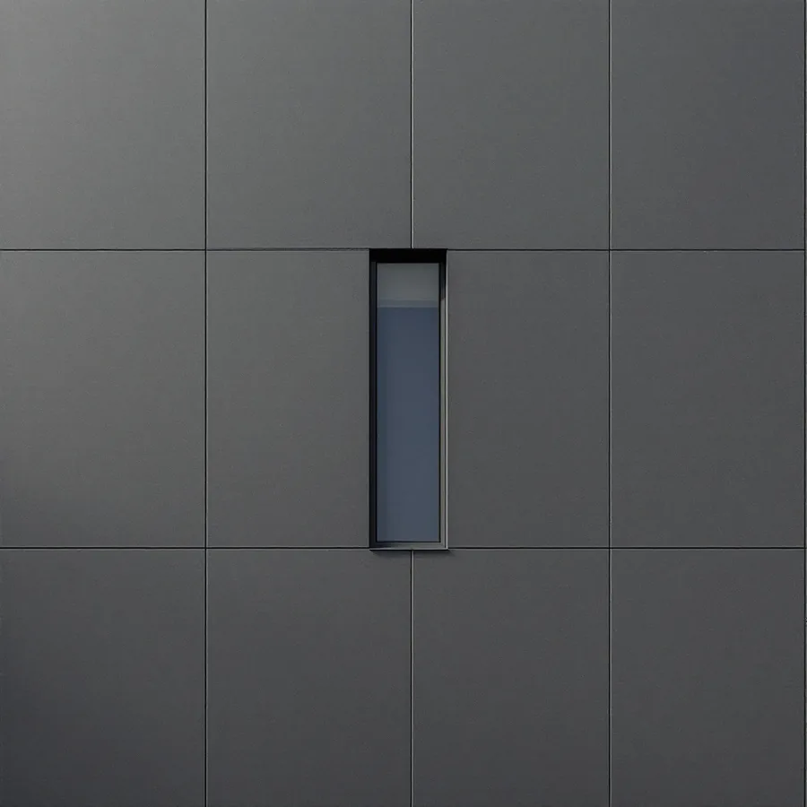 Charcoal gray flat wall panels with thin joints forming a grid around a tall narrow window