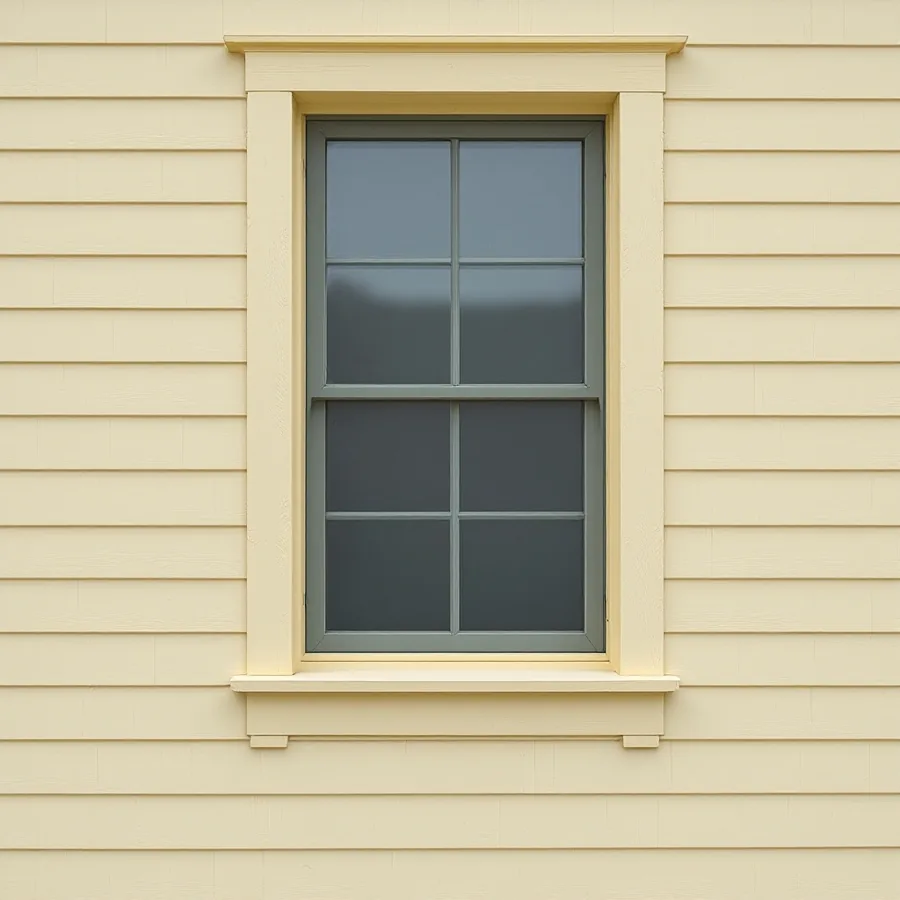 Pale yellow matte lap siding with matching flat trim around a window