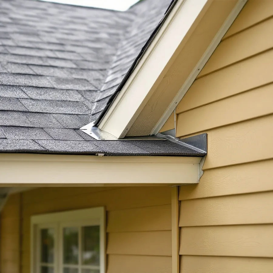 Tan lap siding beside a sloping gray shingle roof, with metal flashing where the roof edge meets the wall