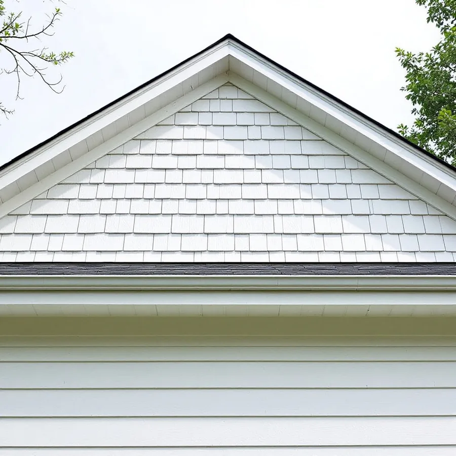White staggered shingle siding in a gable above white lap siding