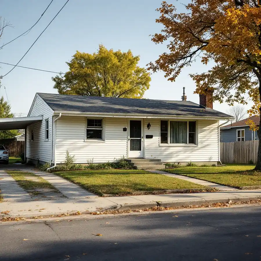 1960s single-story ranch house with dull white aluminum lap siding, a carport and a maple tree in autumn