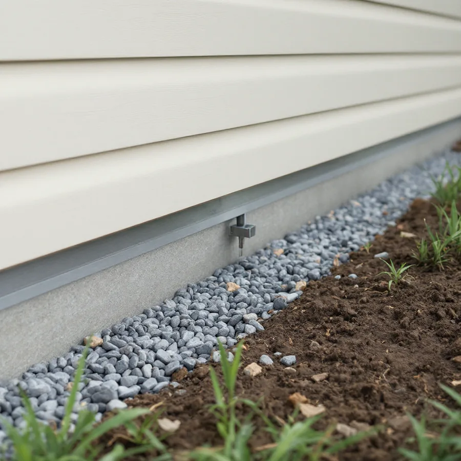 Base of a house wall where beige lap siding and its metal starter strip stop several inches above a strip of gray gravel next to soil