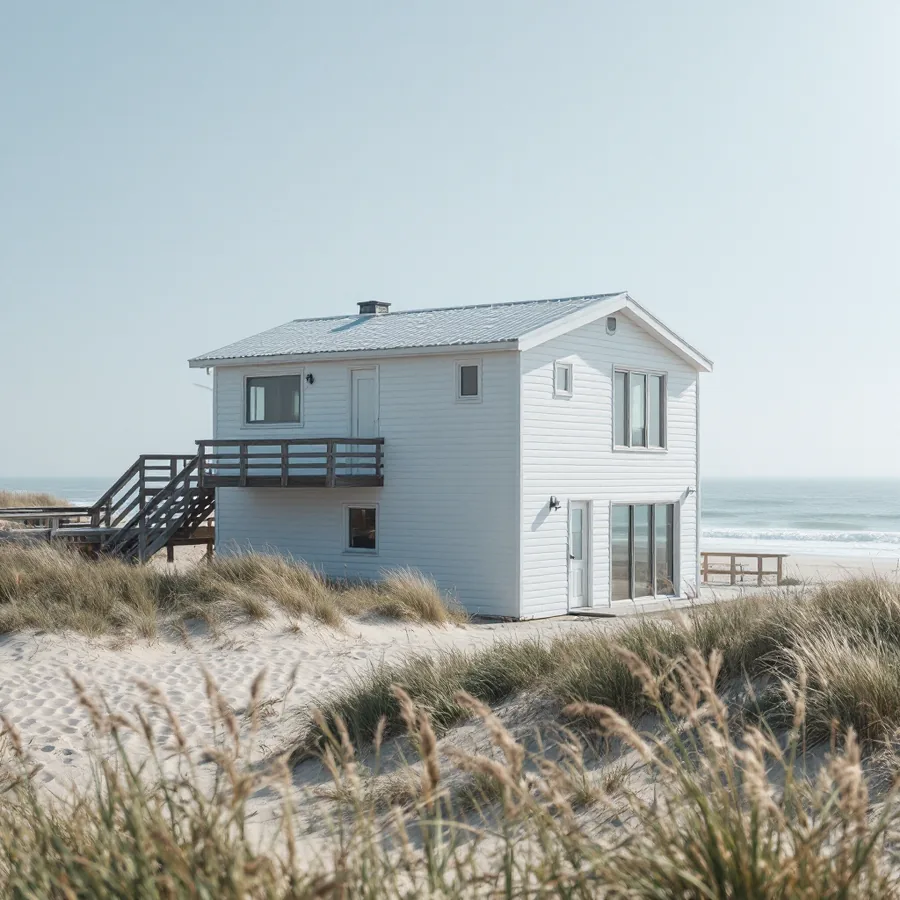 Two-story beach house in white horizontal metal siding on a sand dune with sea grass and the ocean behind