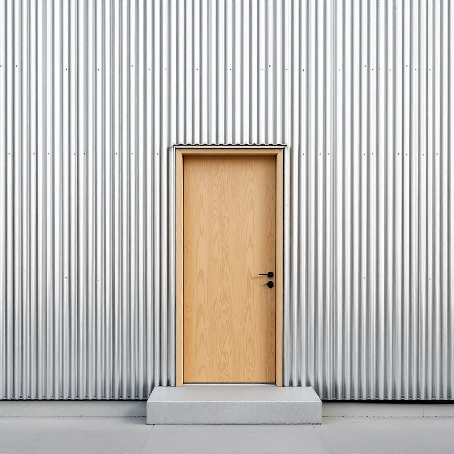 House wall of vertical corrugated galvanized steel panels around a natural wood front door with a concrete step