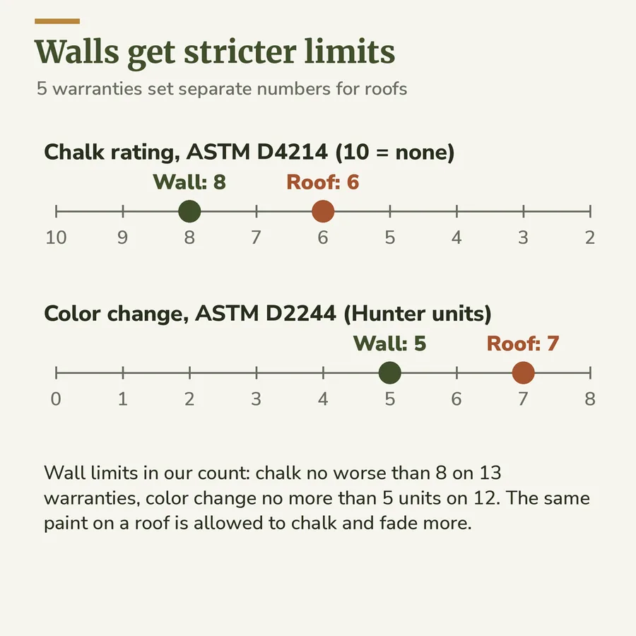 Chart comparing chalk and fade limits for wall panels and roof panels in metal siding warranties: chalk rating 8 and 5 color units on walls, 6 and 7 on roofs