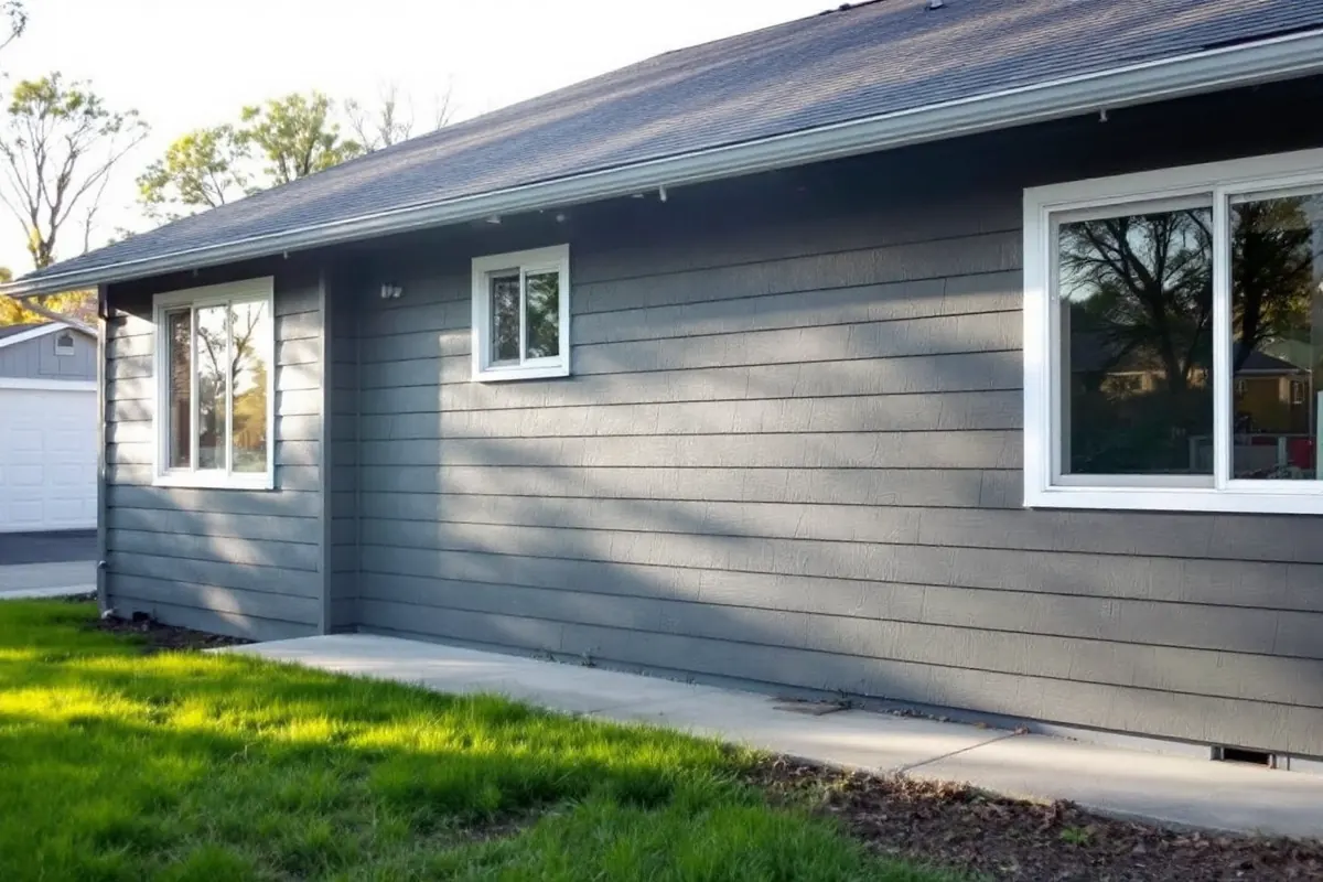 Single-story house clad in charcoal gray horizontal steel lap siding with white window trim, a lawn and a concrete walk