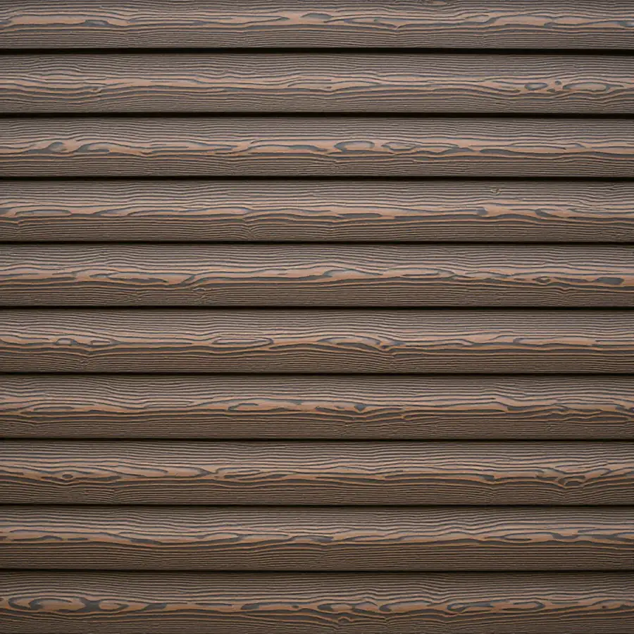 Wall of half-round steel log siding courses printed with a repeating brown wood grain