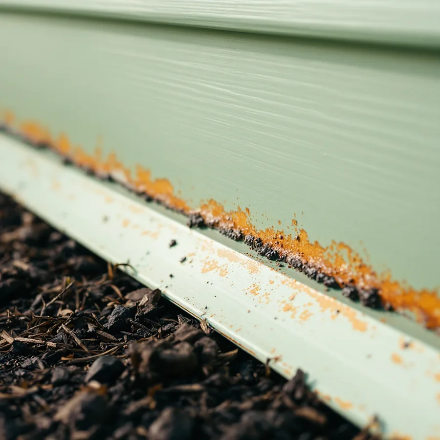 Bottom edge of a pale green painted steel siding panel just above damp mulch, orange rust creeping along the edge under the paint