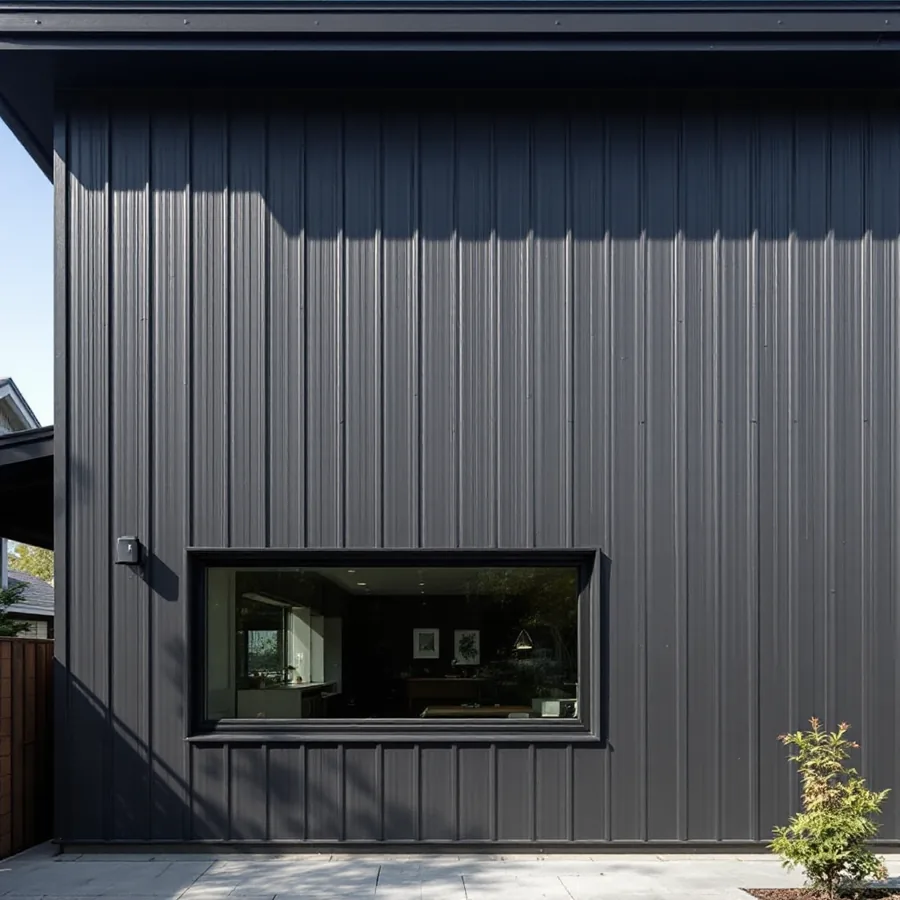 Two-story modern house wall in charcoal vertical standing seam metal panels with a wide black framed window