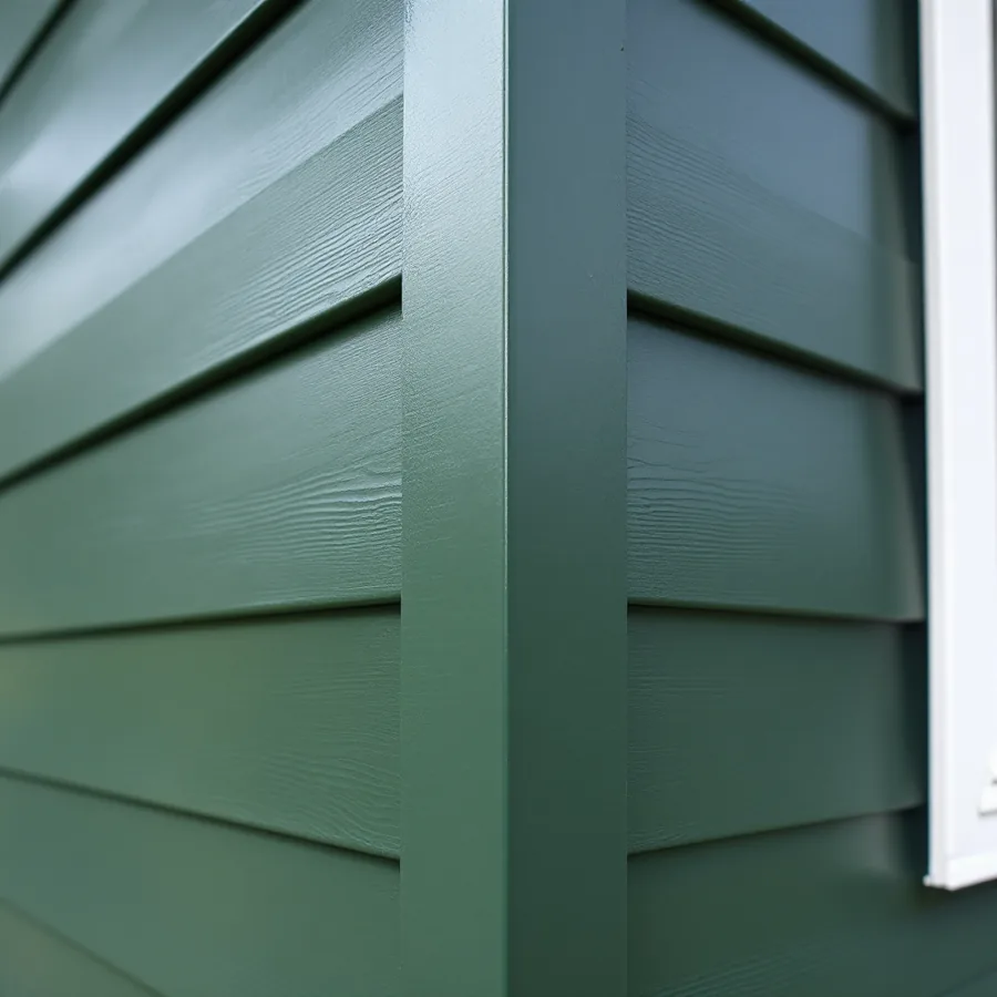Outside corner of a house in dark green horizontal steel lap siding, both walls ending in one folded metal corner post of the same color