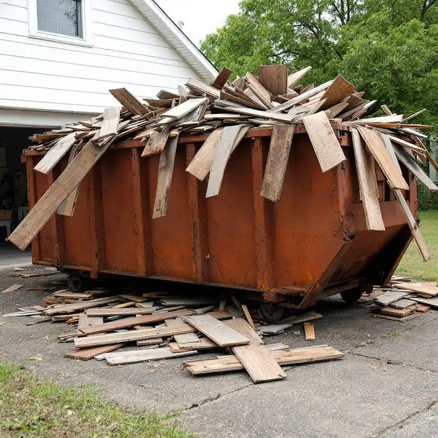 Rust-brown roll-off dumpster on a driveway heaped with old wooden siding boards, more boards scattered on the concrete beside it
