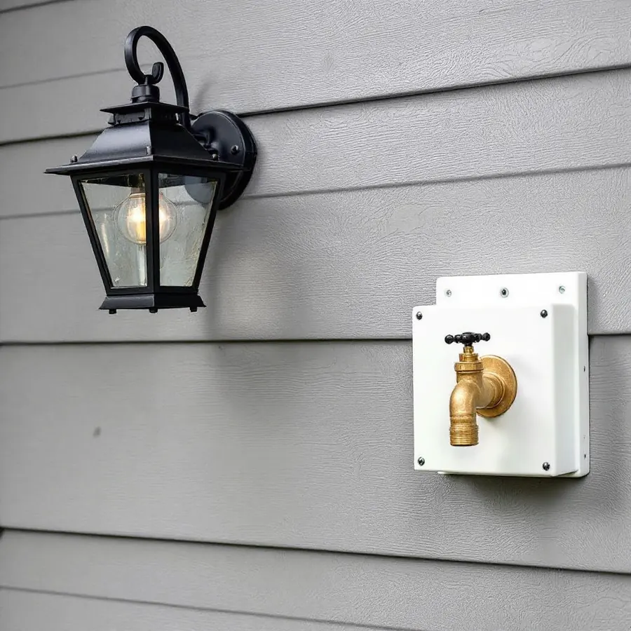Black lantern-style exterior light and a brass hose bib each mounted on a square white block set into gray lap siding