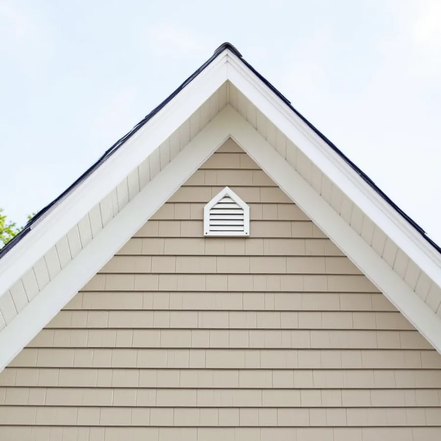 Looking up at the beige lap-sided triangular gable of a house, white fascia boards meeting at the peak, a small white vent near the top
