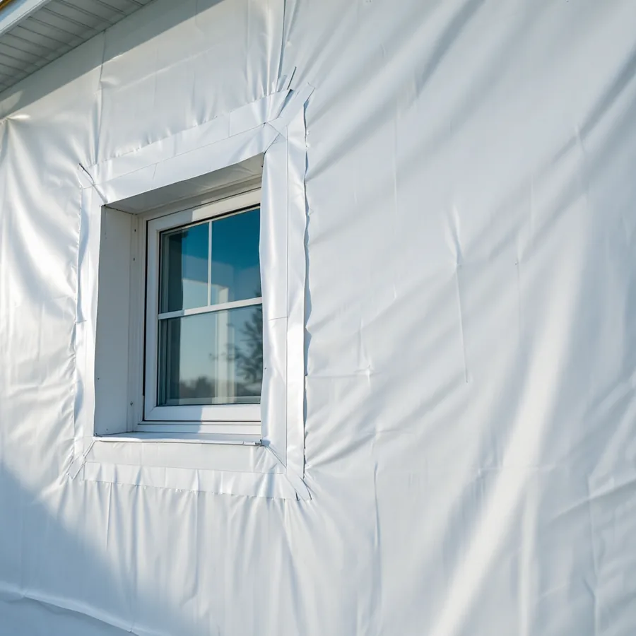 House wall covered in white synthetic house wrap with a window opening taped around all four sides