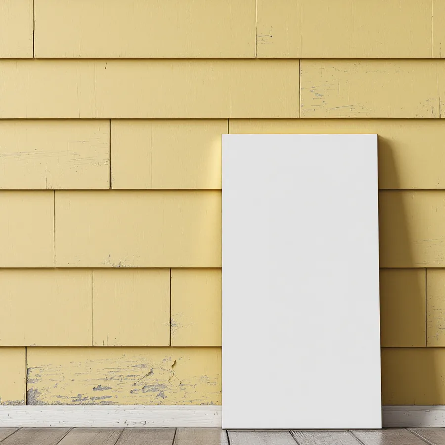 A new bright white siding panel standing against a wall of old yellowed, chipped shingle siding