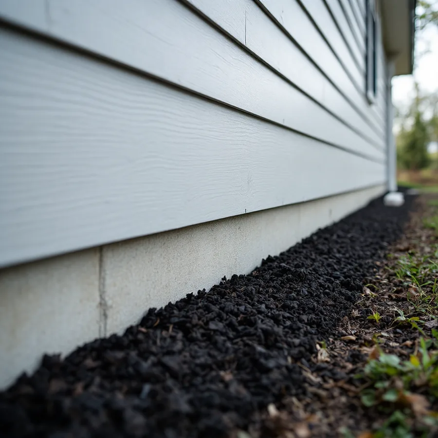 Low view along the base of a gray lap-sided house wall, the bottom course running to the far corner above a concrete foundation and a strip of dark mulch