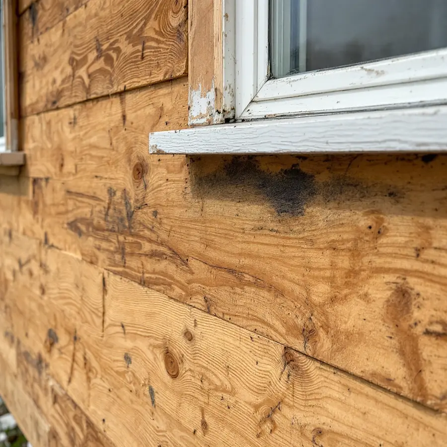 Plywood sheathing exposed below a white window sill, with a dark soft stain spreading down from the corner of the sill