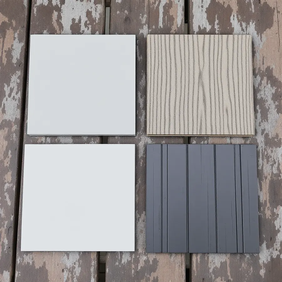 Four square siding samples on a weathered wooden table: two flat pale gray pieces, one wood-grain board and one dark ribbed metal panel