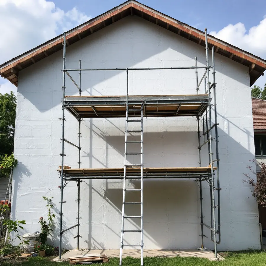 Steel frame scaffold tower with wooden plank decks standing against a two-story gable wall covered in white house wrap