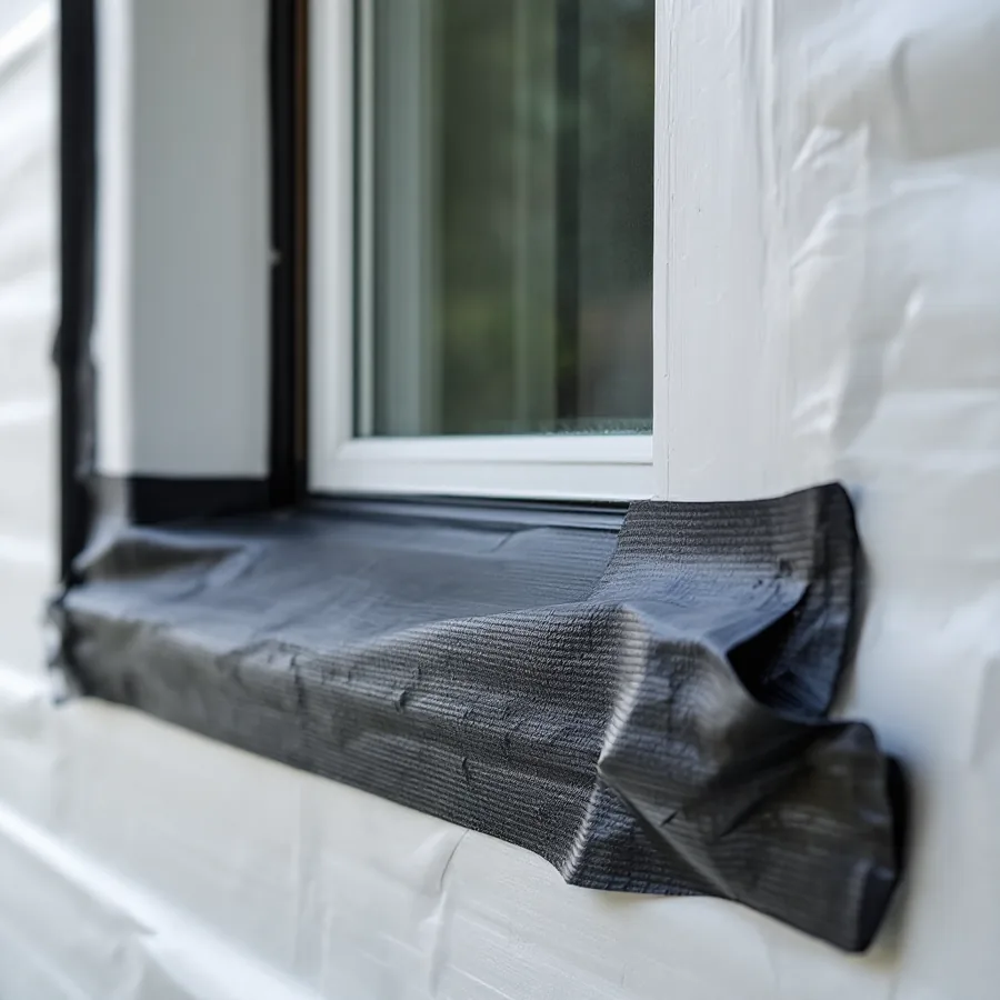 Black self-adhesive flashing tape wrapped over a window sill and turned up the jambs, on white house wrap