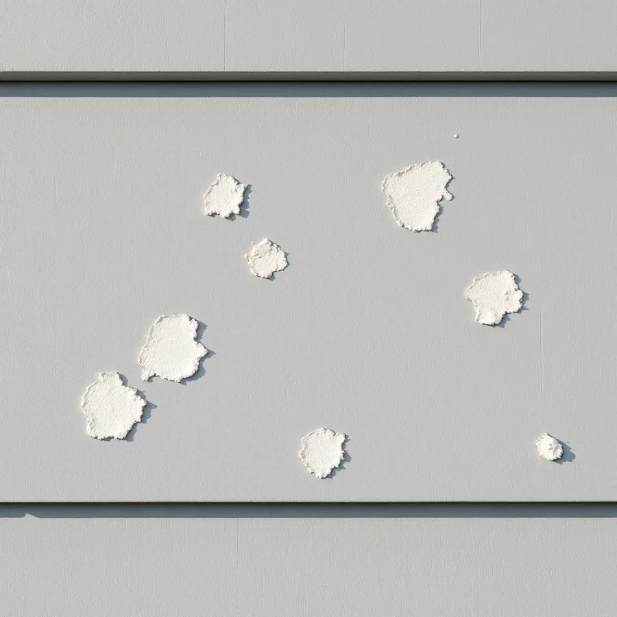 Gray fiber cement lap siding with several small patches where the paint has flaked off, showing pale cement