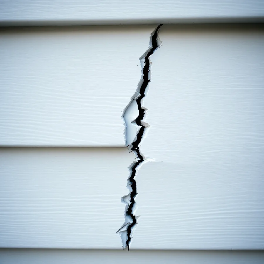 White vinyl siding with a long jagged crack running down across two panels
