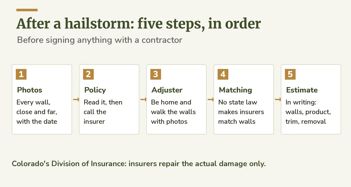 Five numbered steps after a hailstorm: photograph walls with dates, read the policy and call the insurer, meet the adjuster, check what matching covers, get a written estimate