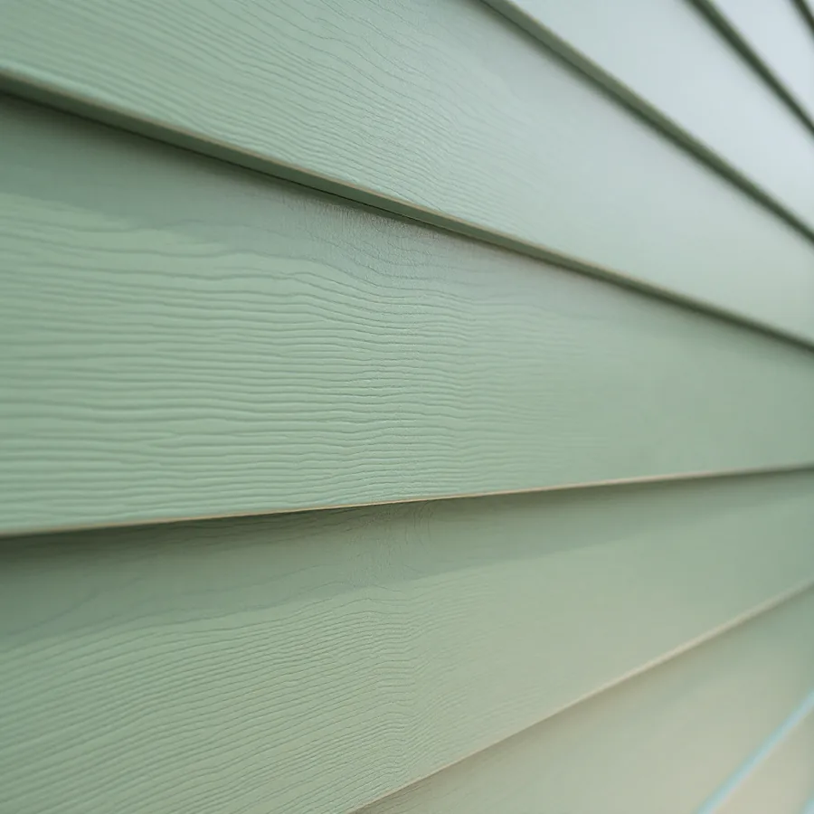 Sage-green fiber cement lap siding with a light wood-grain texture meeting a white corner board