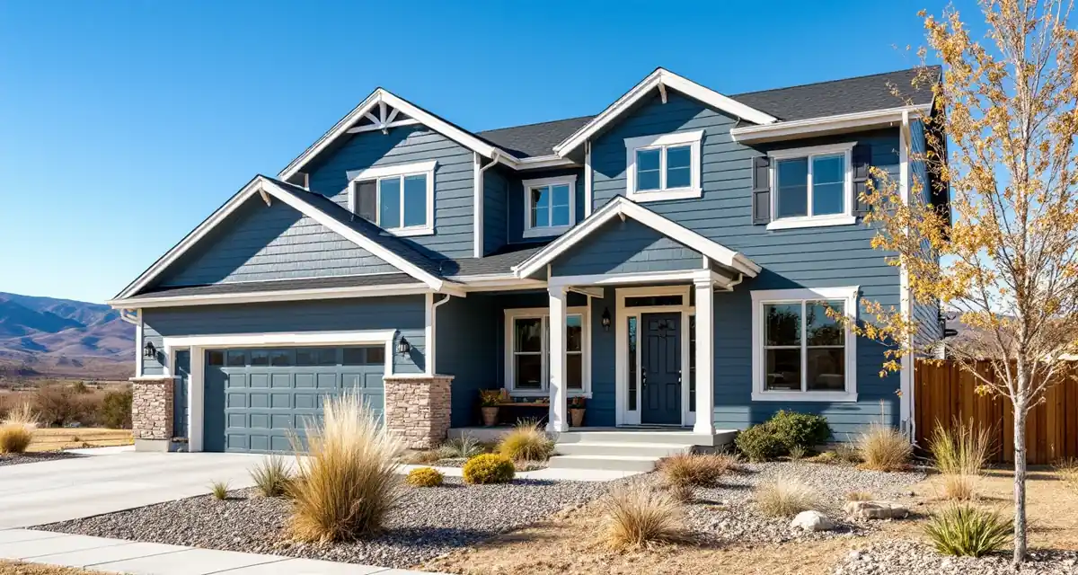 Two-story suburban house clad in slate-blue lap siding with white trim, a gravel and grass front yard and low brown foothills in the distance