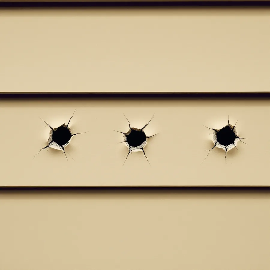 Beige vinyl siding with three round holes punched through one panel and short cracks around each