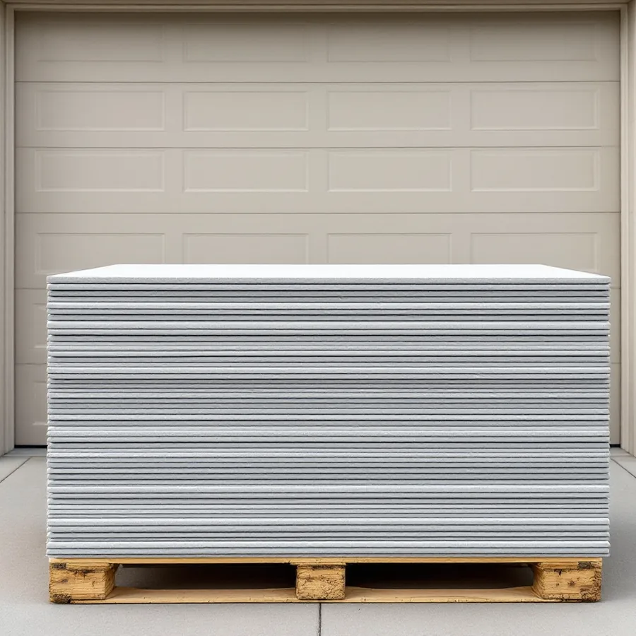 Stack of new light gray fiber cement lap siding boards on a wooden pallet in front of a garage door