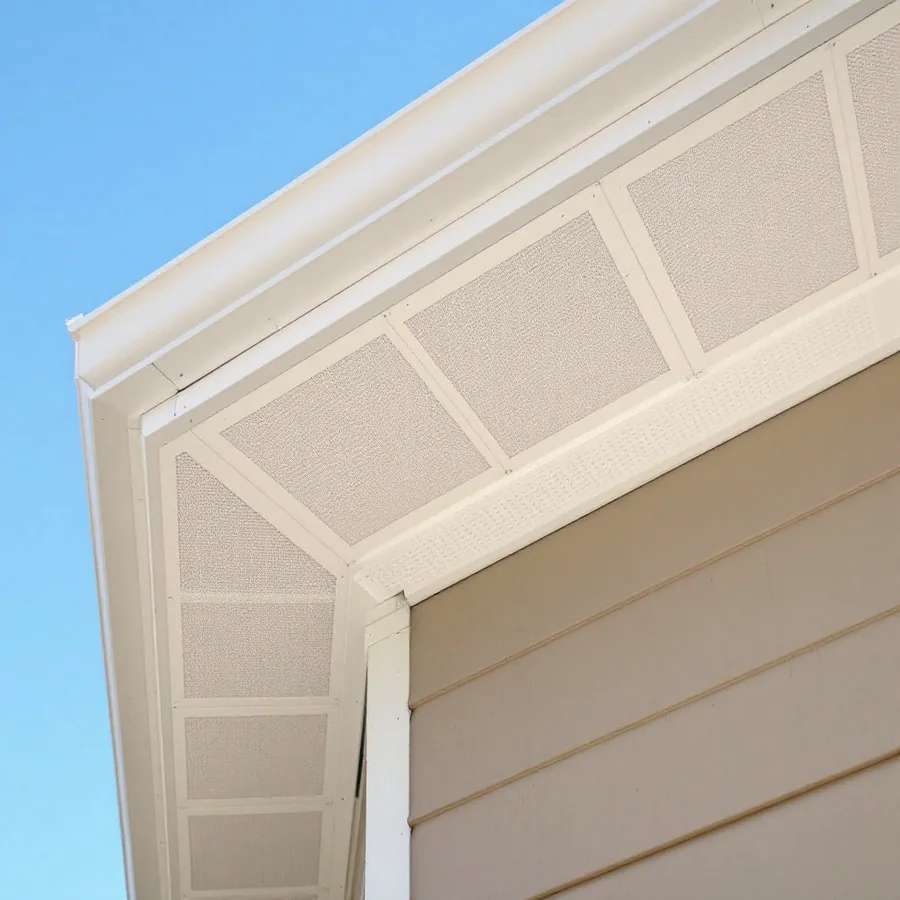 Looking up at a house eave with white vented soffit, white fascia and gutter above tan lap siding